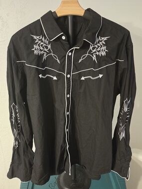 Black Western-Style Embroidered Dress Shirt 2XL